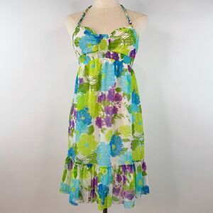 Y2K Aeropostale Green Mini Chiffon Floral Halter Dress Size SP Ruffled Hem Fairy